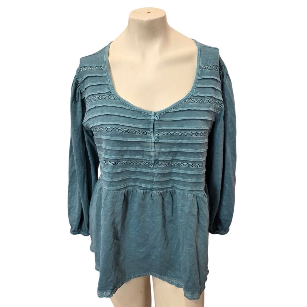 LOGO Lori Goldstein XL Blue Peplum Tunic Top Lace Pintuck Boho Long Sleeve